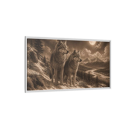 Side Mockup 3. Moonlit Wolf Pair shown as framed canvas print
