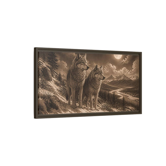 Main Mockup. Moonlit Wolf Pair shown as framed canvas print
