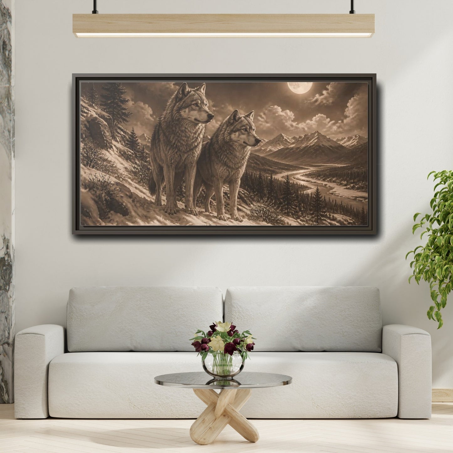 Mockup 2. Moonlit Wolf Pair shown as framed canvas print