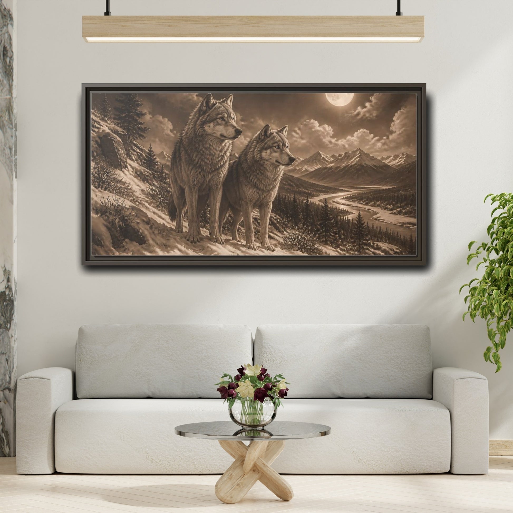 Mockup 2. Moonlit Wolf Pair shown as framed canvas print