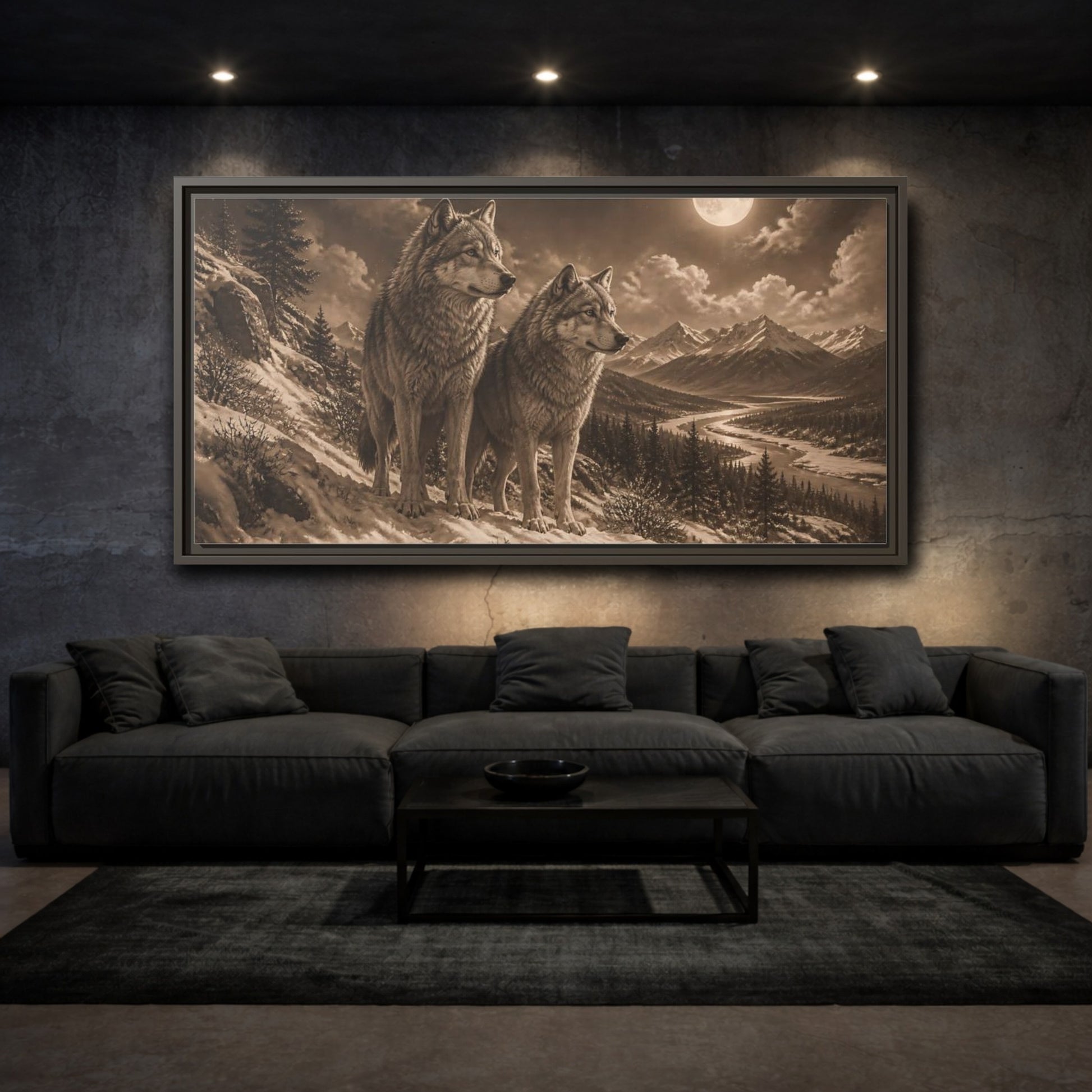 Mockup 3. Moonlit Wolf Pair shown as framed canvas print