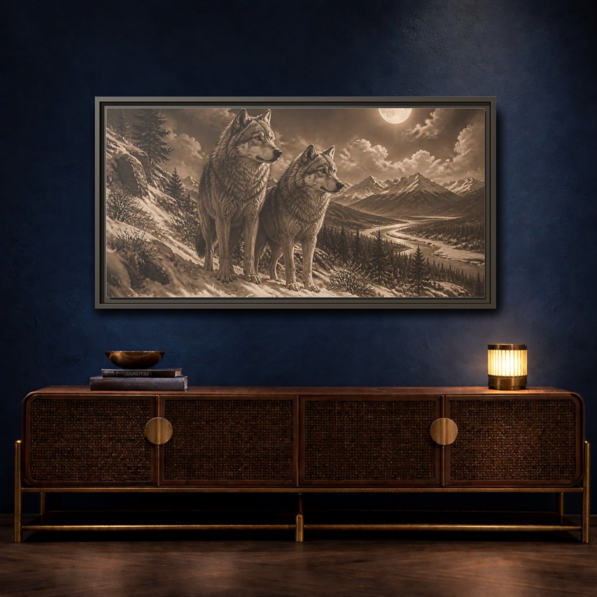 Mockup 4. Moonlit Wolf Pair shown as framed canvas print