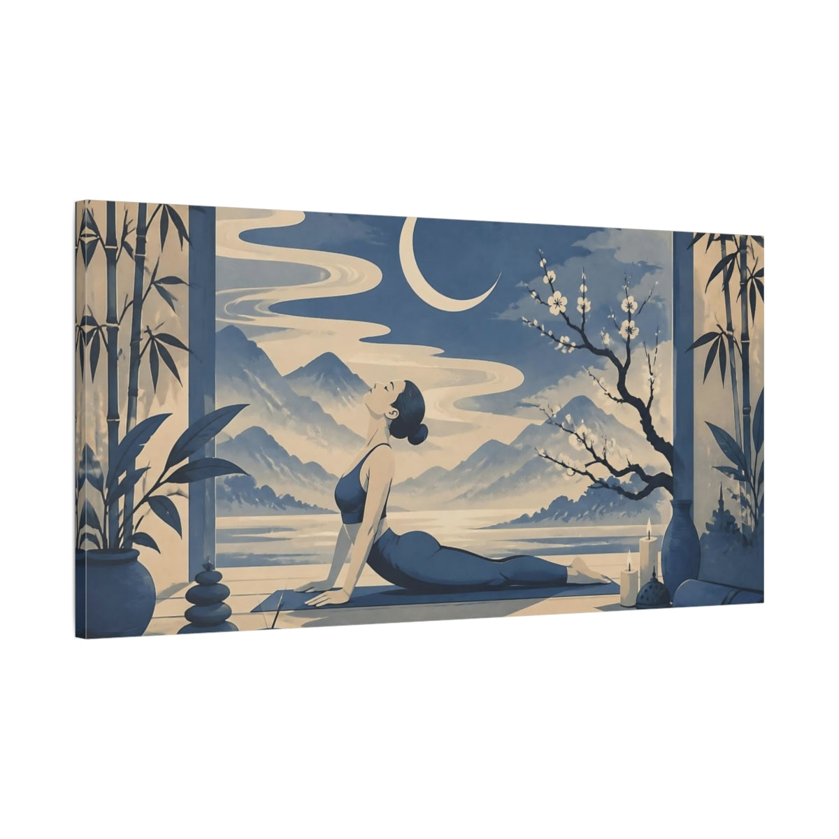 Main Mockup. Moonlit Yoga Pose shown as canvas print
