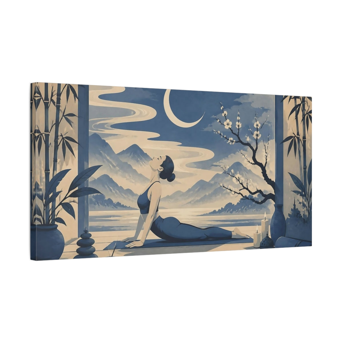 Side Mockup 1. Moonlit Yoga Pose shown as canvas print