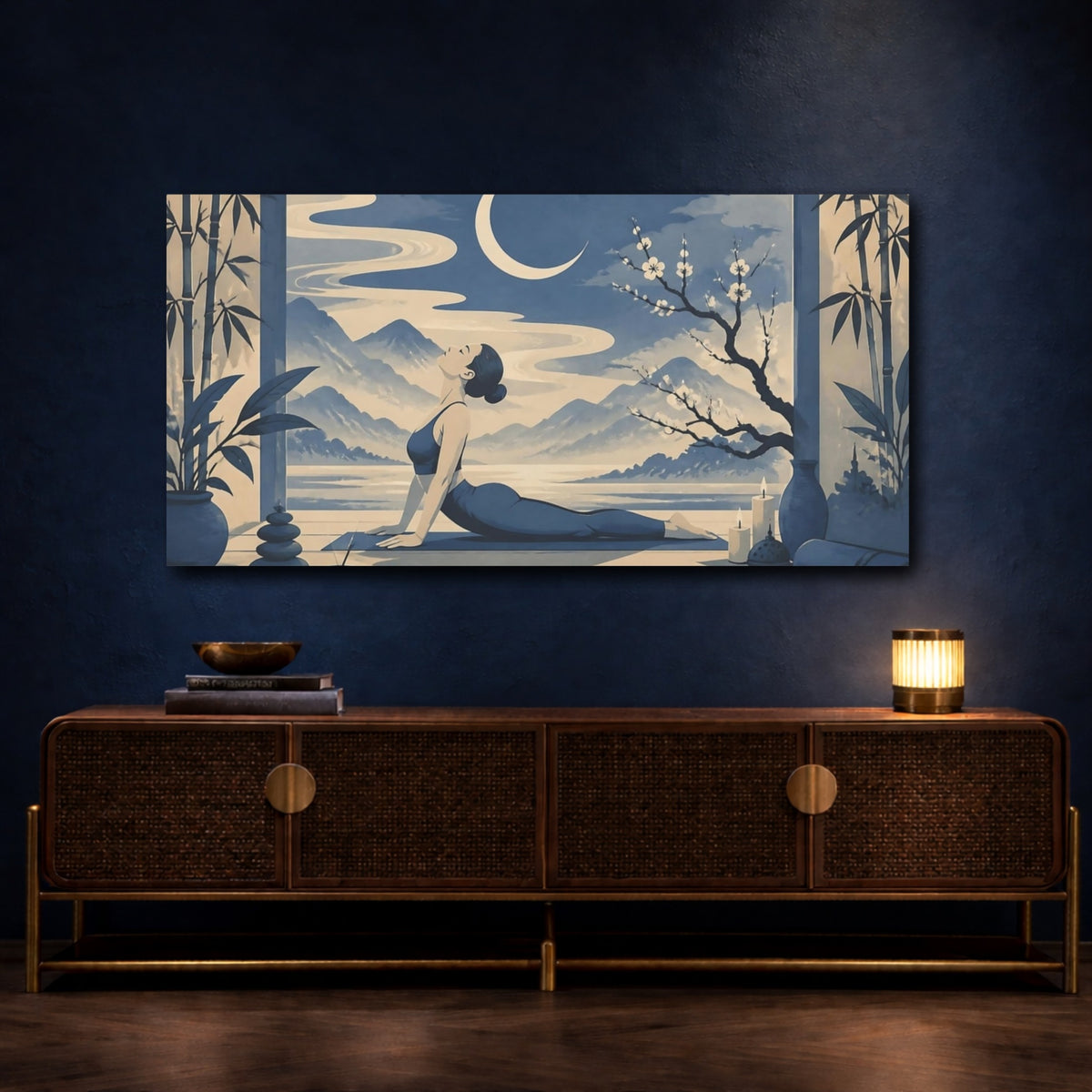 Mockup 4. Moonlit Yoga Pose shown as canvas print