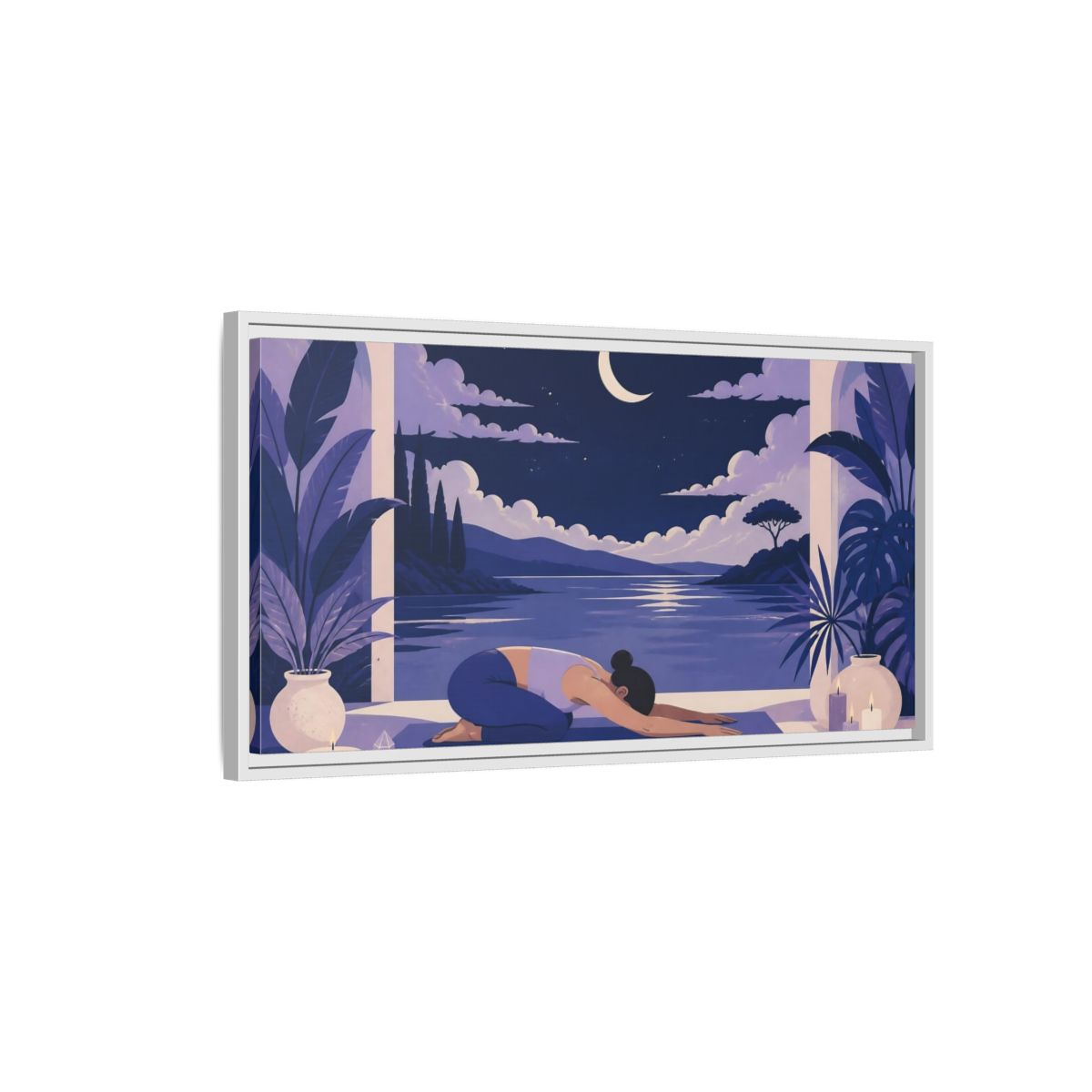 Side Mockup 1. Moonlit Yoga Rest shown as framed canvas print