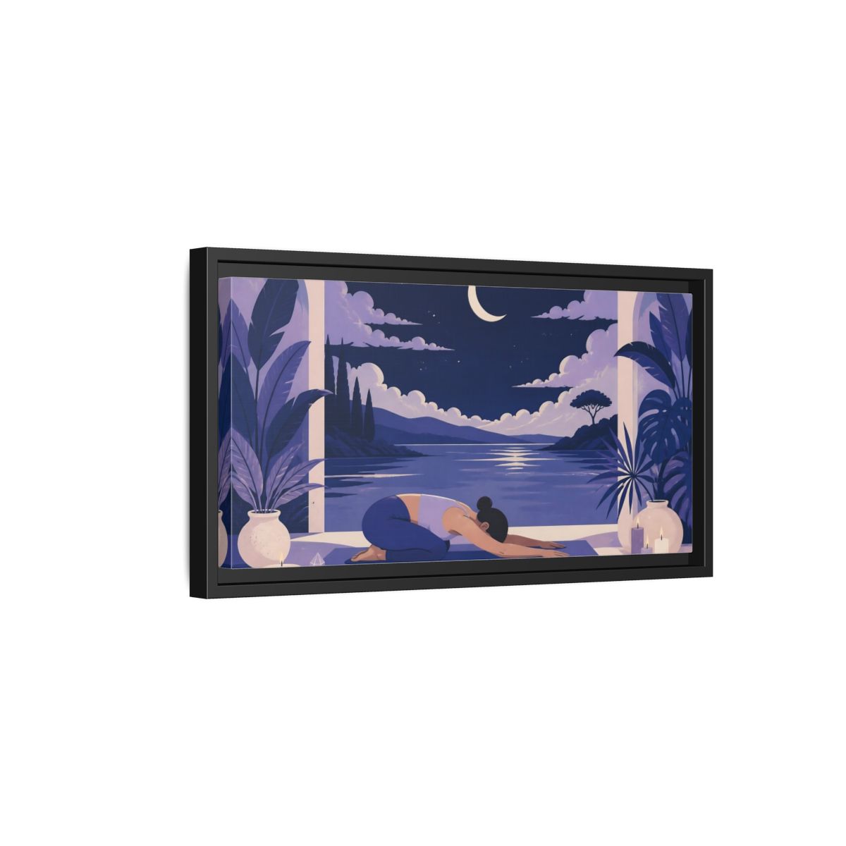 Side Mockup 8. Moonlit Yoga Rest shown as framed canvas print