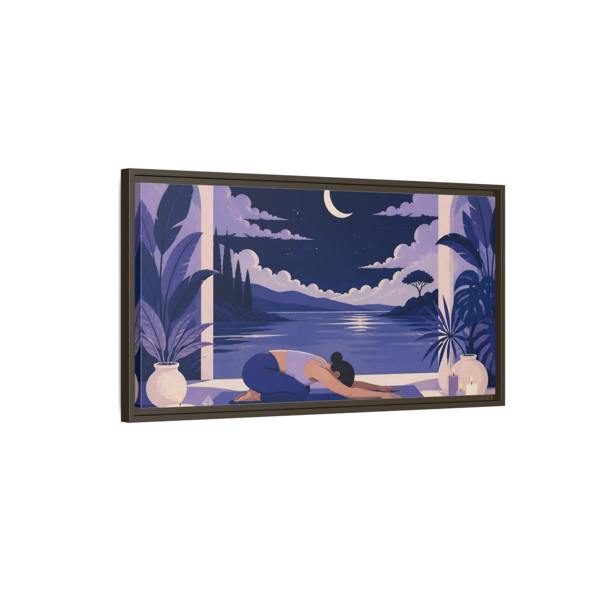 Main Mockup. Moonlit Yoga Rest shown as framed canvas print