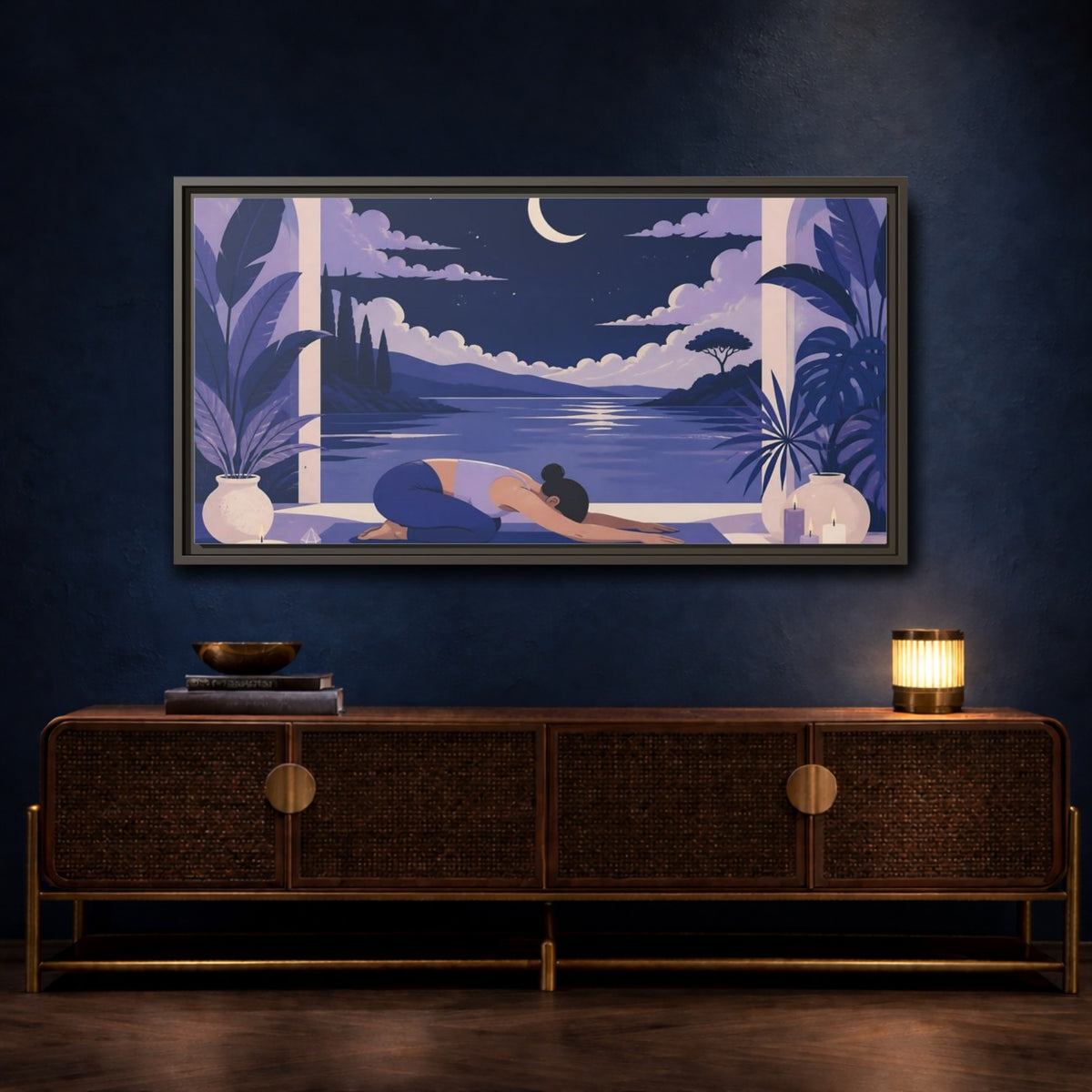 Mockup 4. Moonlit Yoga Rest shown as framed canvas print