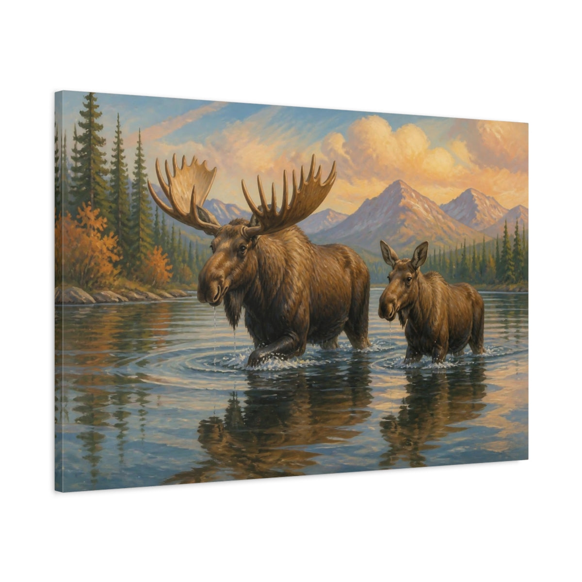 Main Mockup. Moose Animals By Mountain Lake shown as canvas print