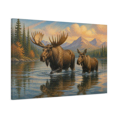 Main Mockup. Moose Animals By Mountain Lake shown as canvas print