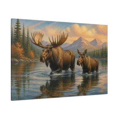 Side Mockup 1. Moose Animals By Mountain Lake shown as canvas print