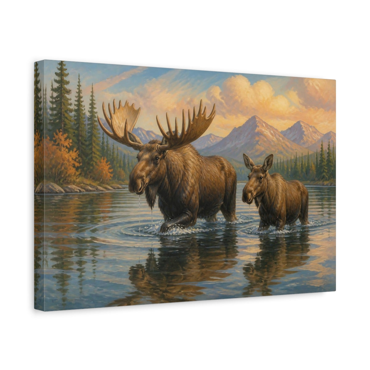 Side Mockup 4. Moose Animals By Mountain Lake shown as canvas print