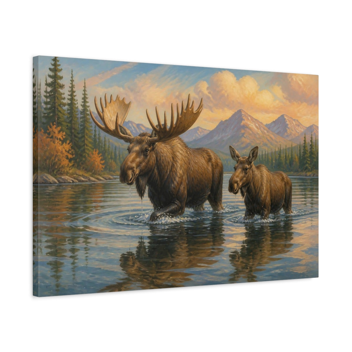 Side Mockup 2. Moose Animals By Mountain Lake shown as canvas print