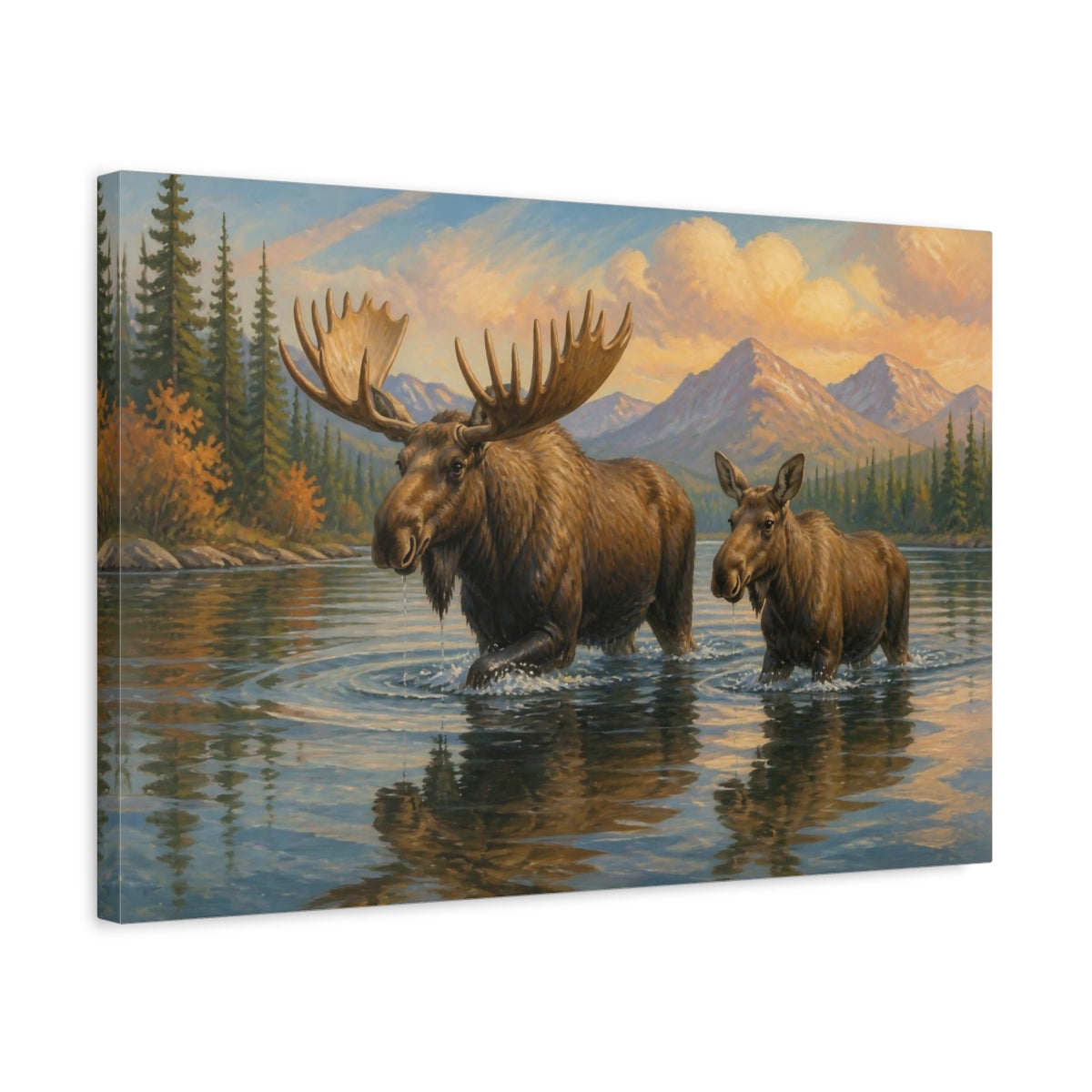 Side Mockup 3. Moose Animals By Mountain Lake shown as canvas print