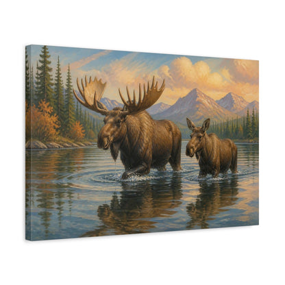 Side Mockup 3. Moose Animals By Mountain Lake shown as canvas print