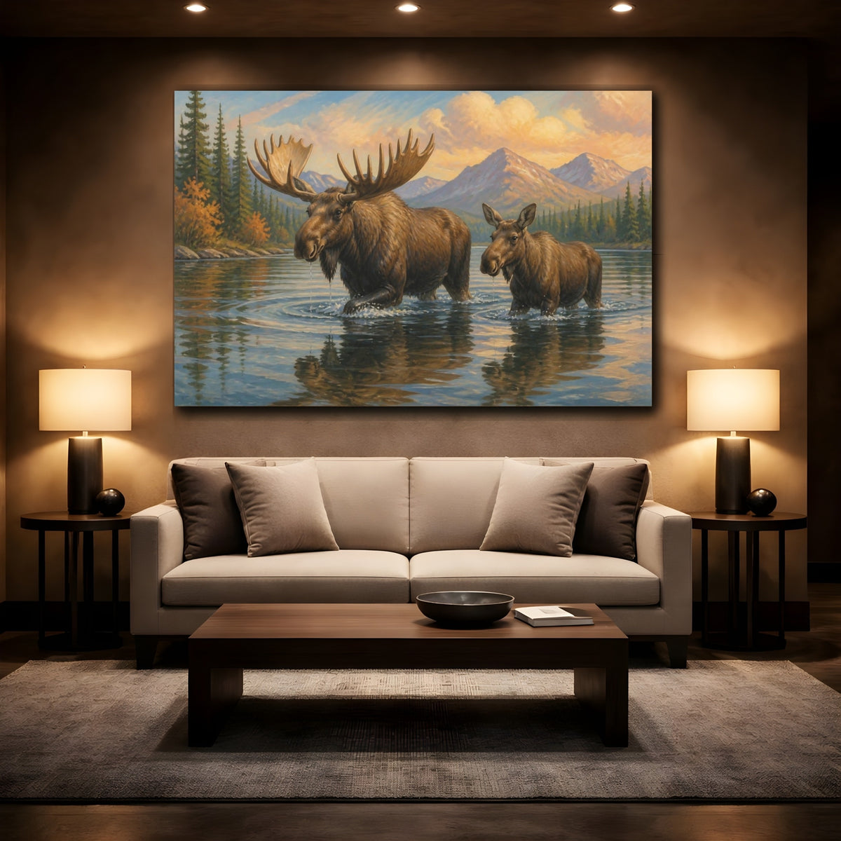 Mockup 2. Moose Animals By Mountain Lake shown as canvas print