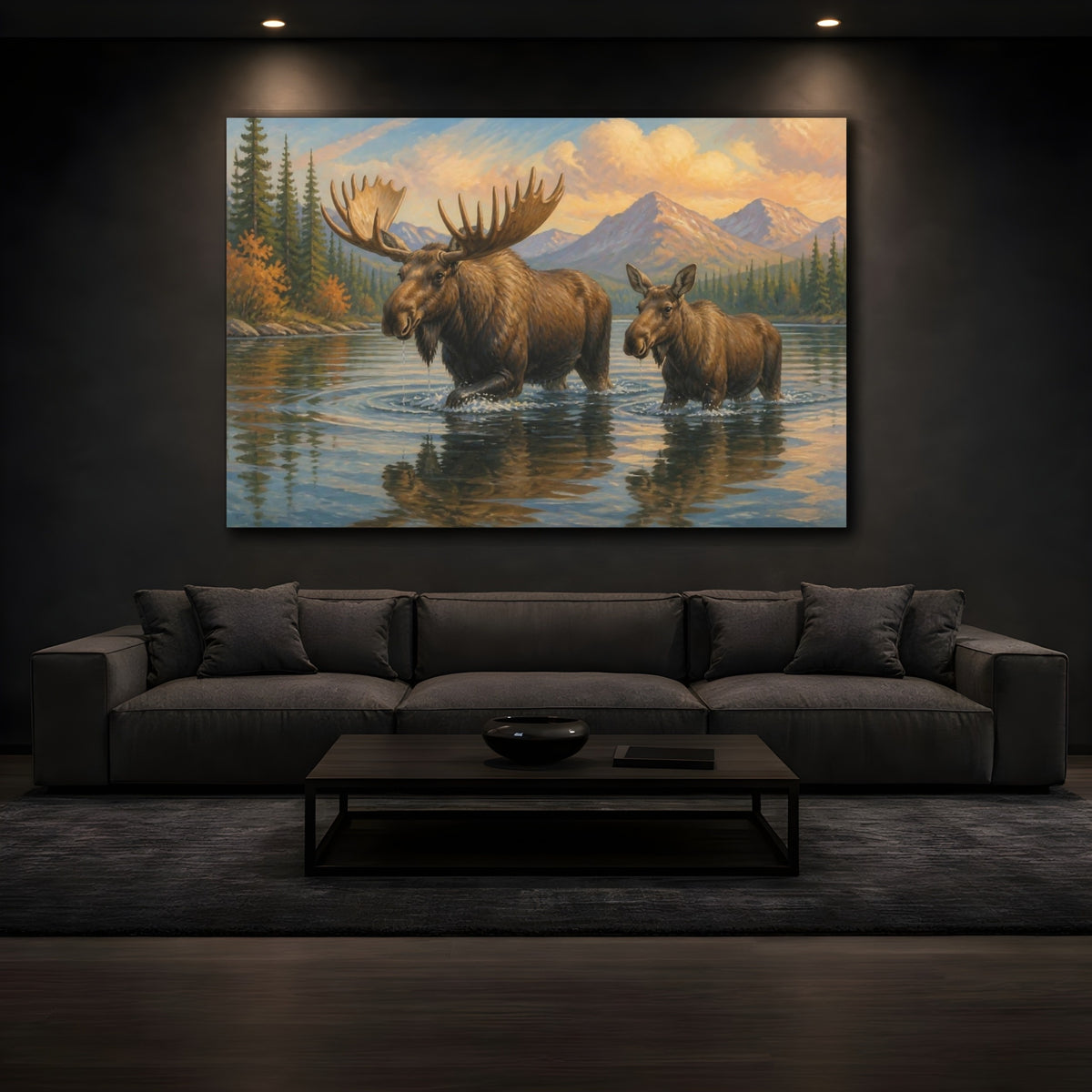Mockup 3. Moose Animals By Mountain Lake shown as canvas print