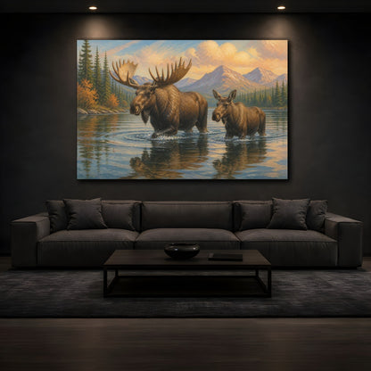Mockup 3. Moose Animals By Mountain Lake shown as canvas print