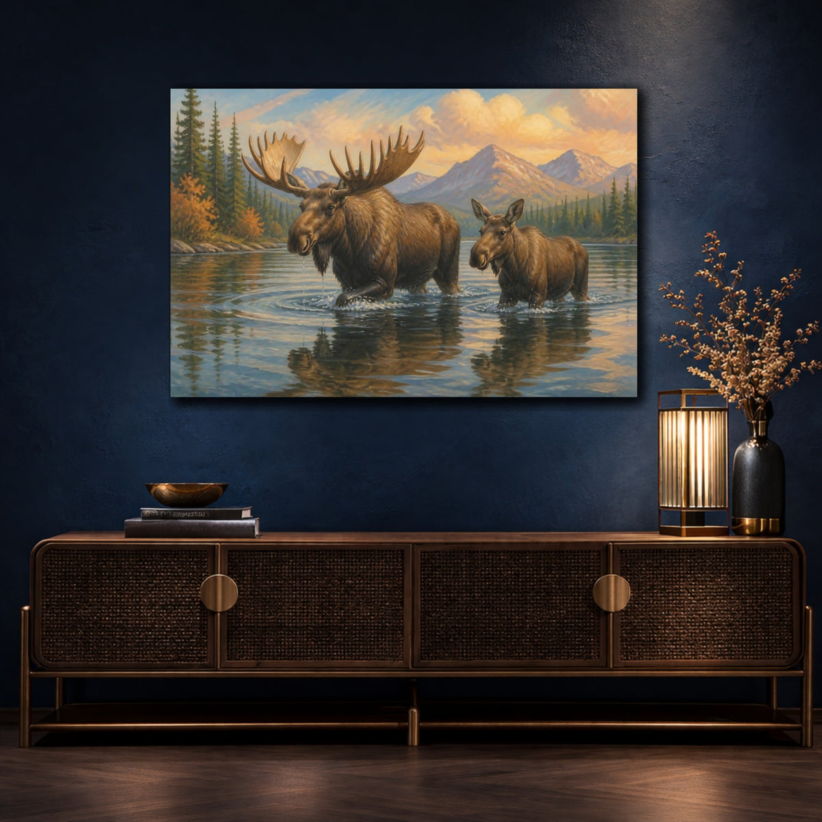Mockup 4. Moose Animals By Mountain Lake shown as canvas print