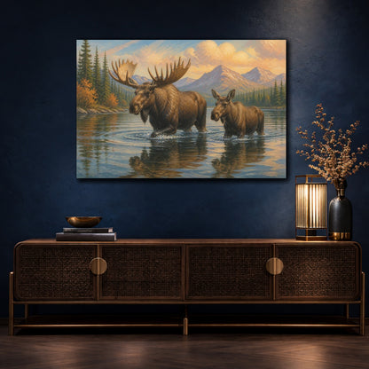 Mockup 4. Moose Animals By Mountain Lake shown as canvas print