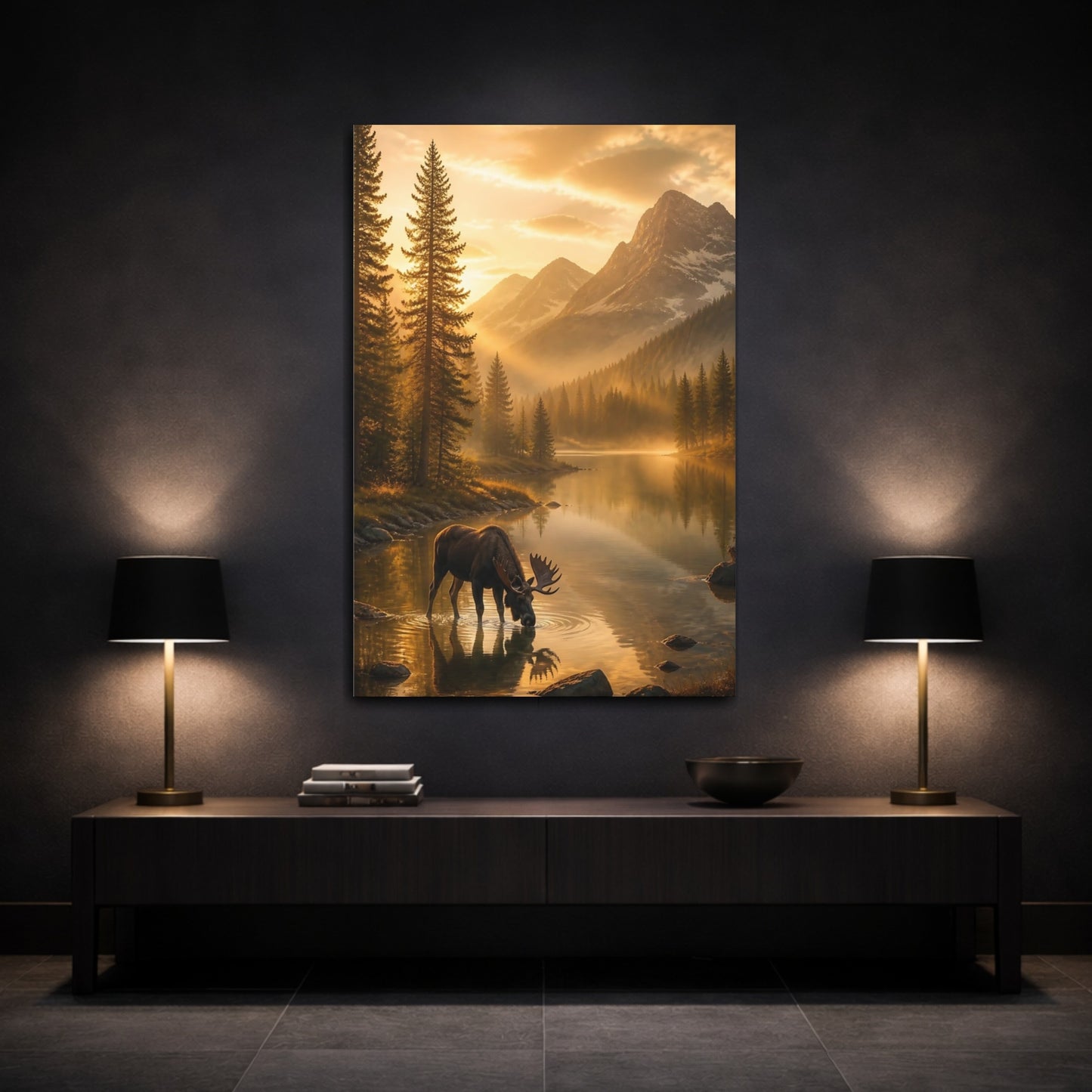Mockup 3. Moose At Golden Lake shown as canvas print