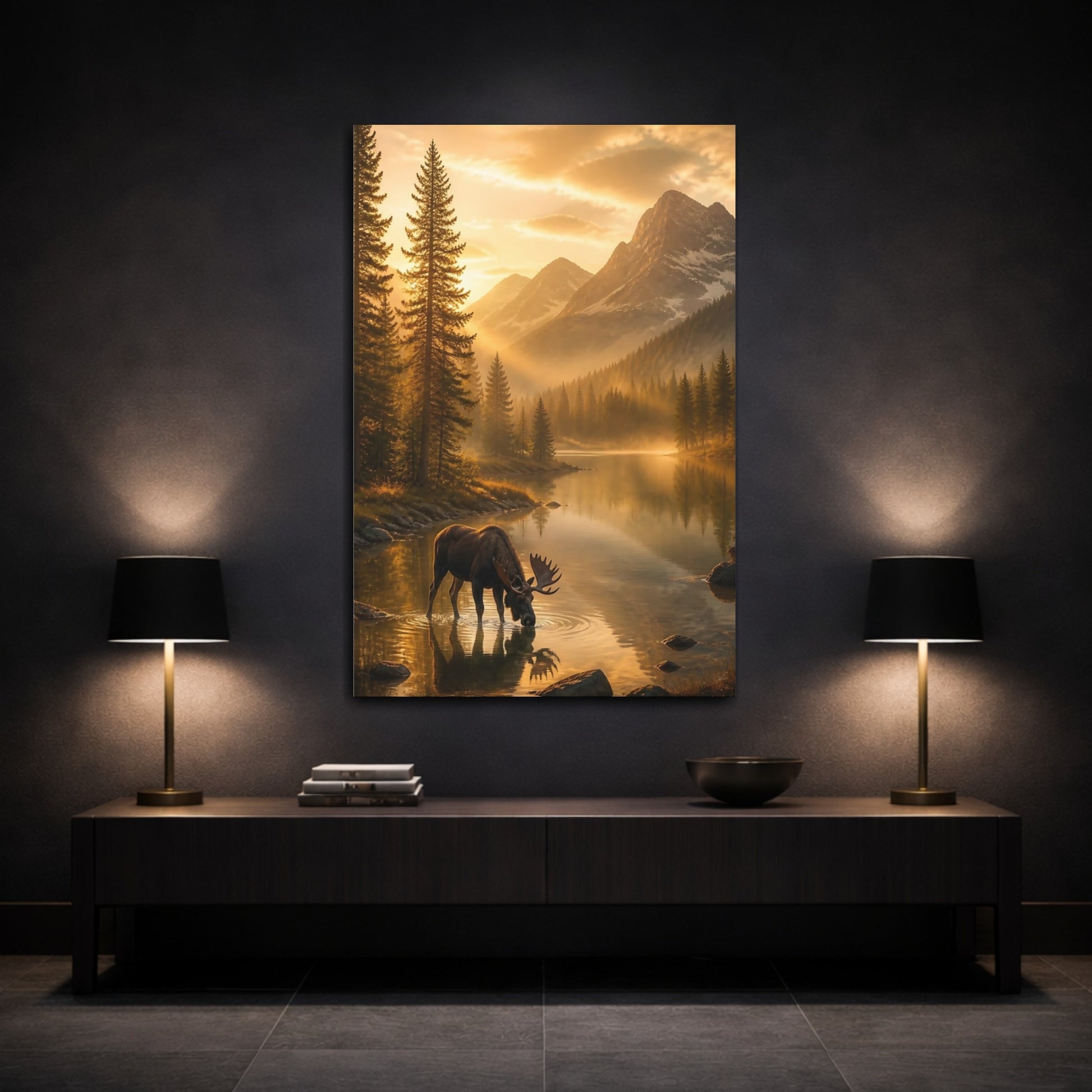 Mockup 3. Moose At Golden Lake shown as canvas print