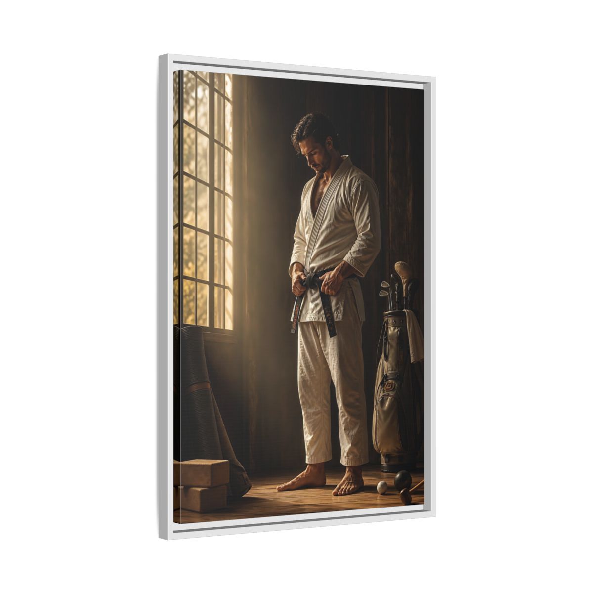 Side Mockup 10. Morning Black Belt Focus shown as framed canvas print