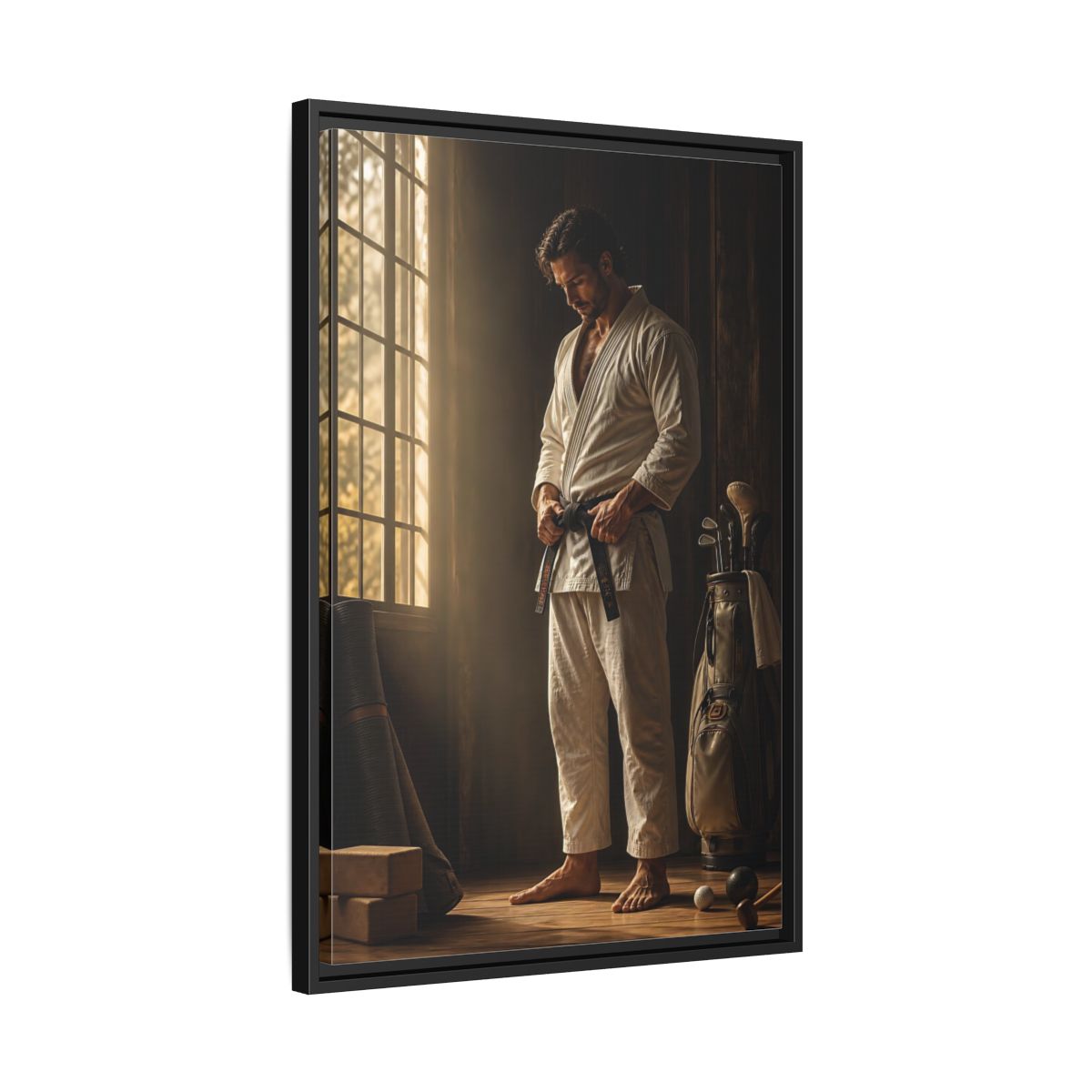 Side Mockup 14. Morning Black Belt Focus shown as framed canvas print