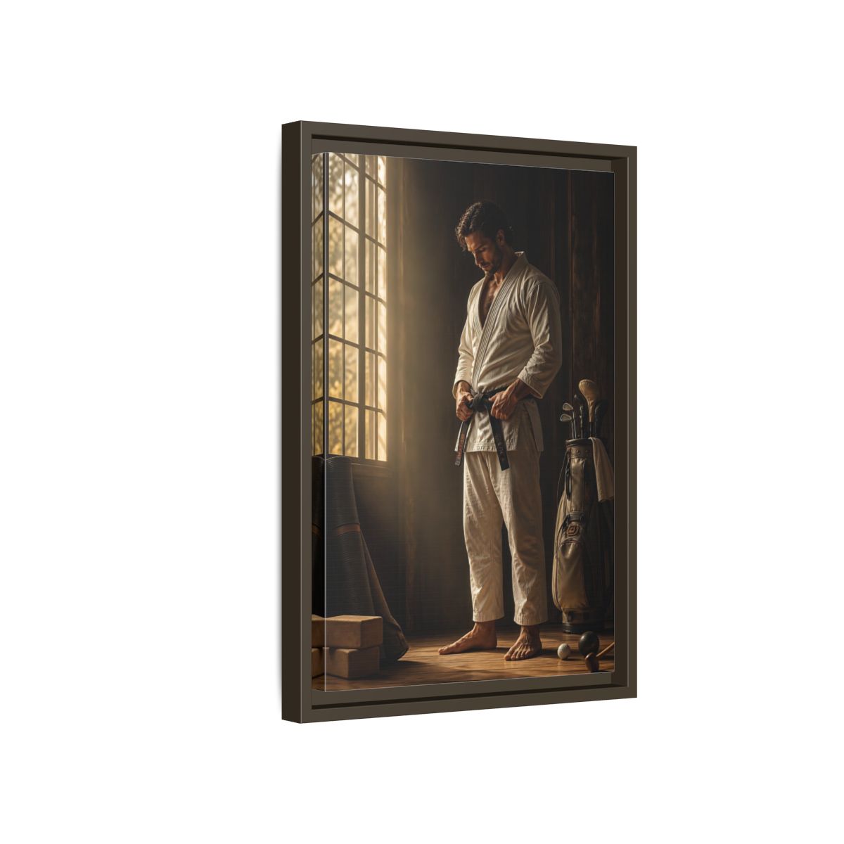 Side Mockup 5. Morning Black Belt Focus shown as framed canvas print