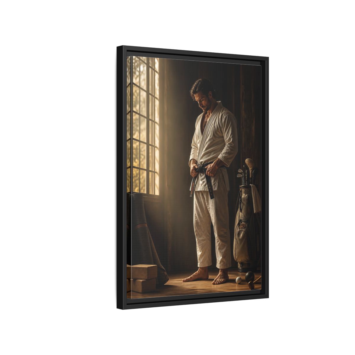 Side Mockup 3. Morning Black Belt Focus shown as framed canvas print