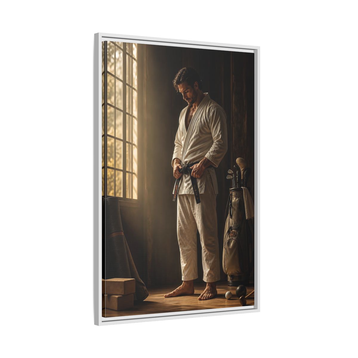 Side Mockup 9. Morning Black Belt Focus shown as framed canvas print