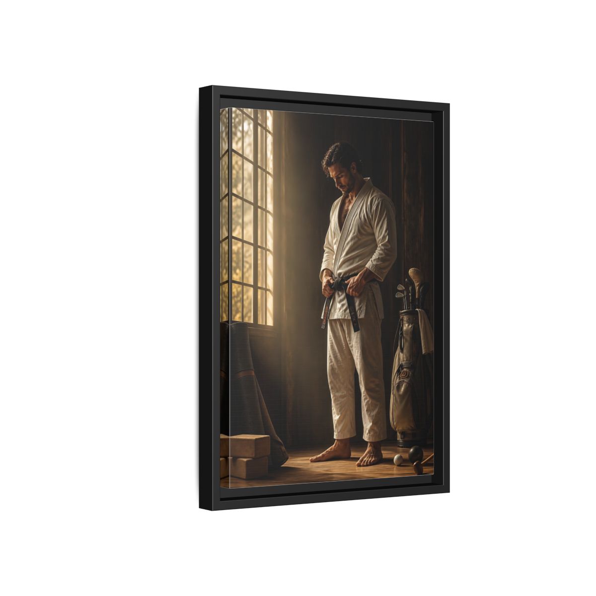 Side Mockup 6. Morning Black Belt Focus shown as framed canvas print