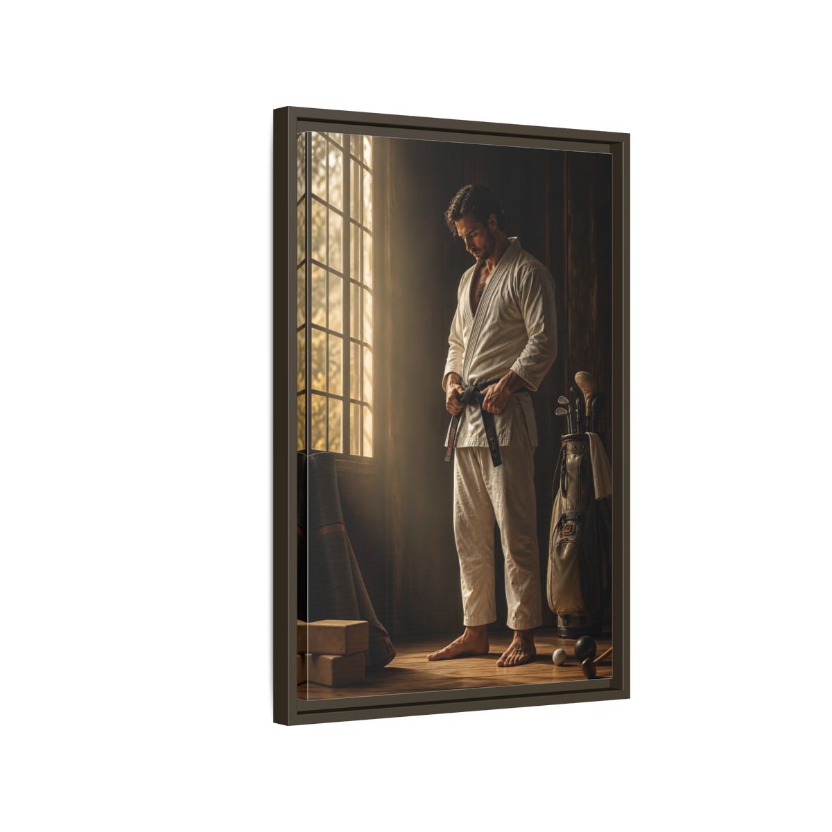 Side Mockup 2. Morning Black Belt Focus shown as framed canvas print