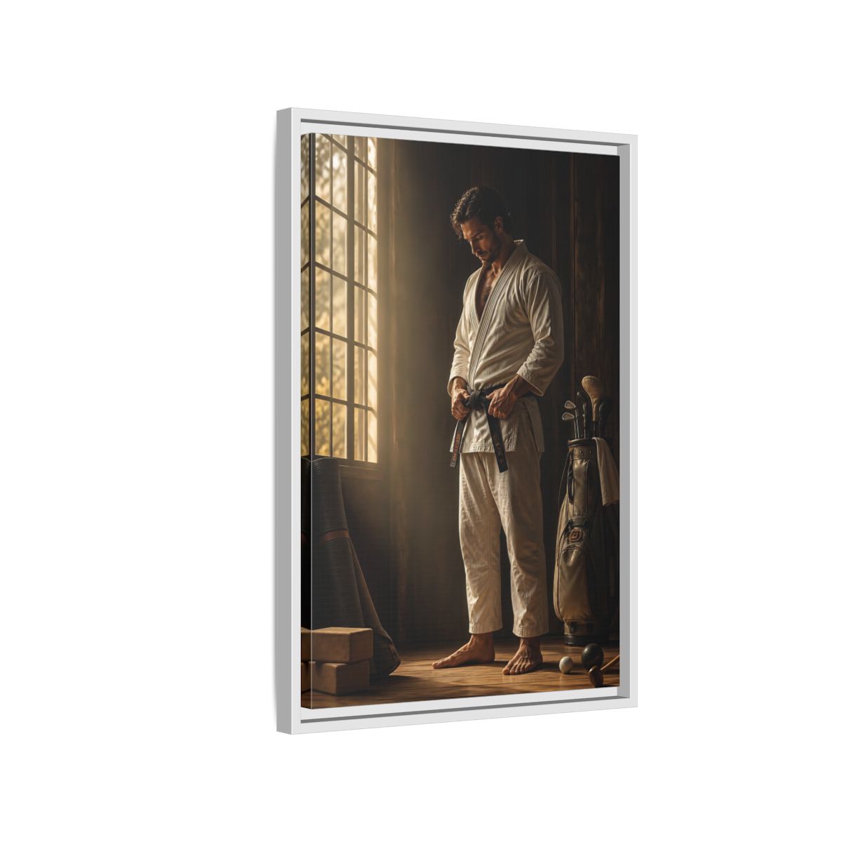 Side Mockup 1. Morning Black Belt Focus shown as framed canvas print