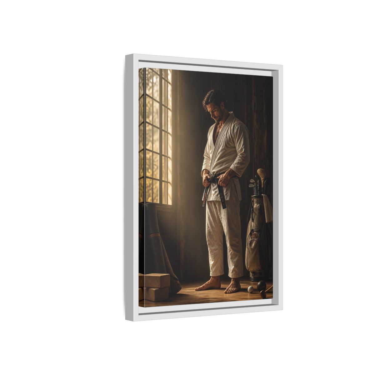Side Mockup 4. Morning Black Belt Focus shown as framed canvas print