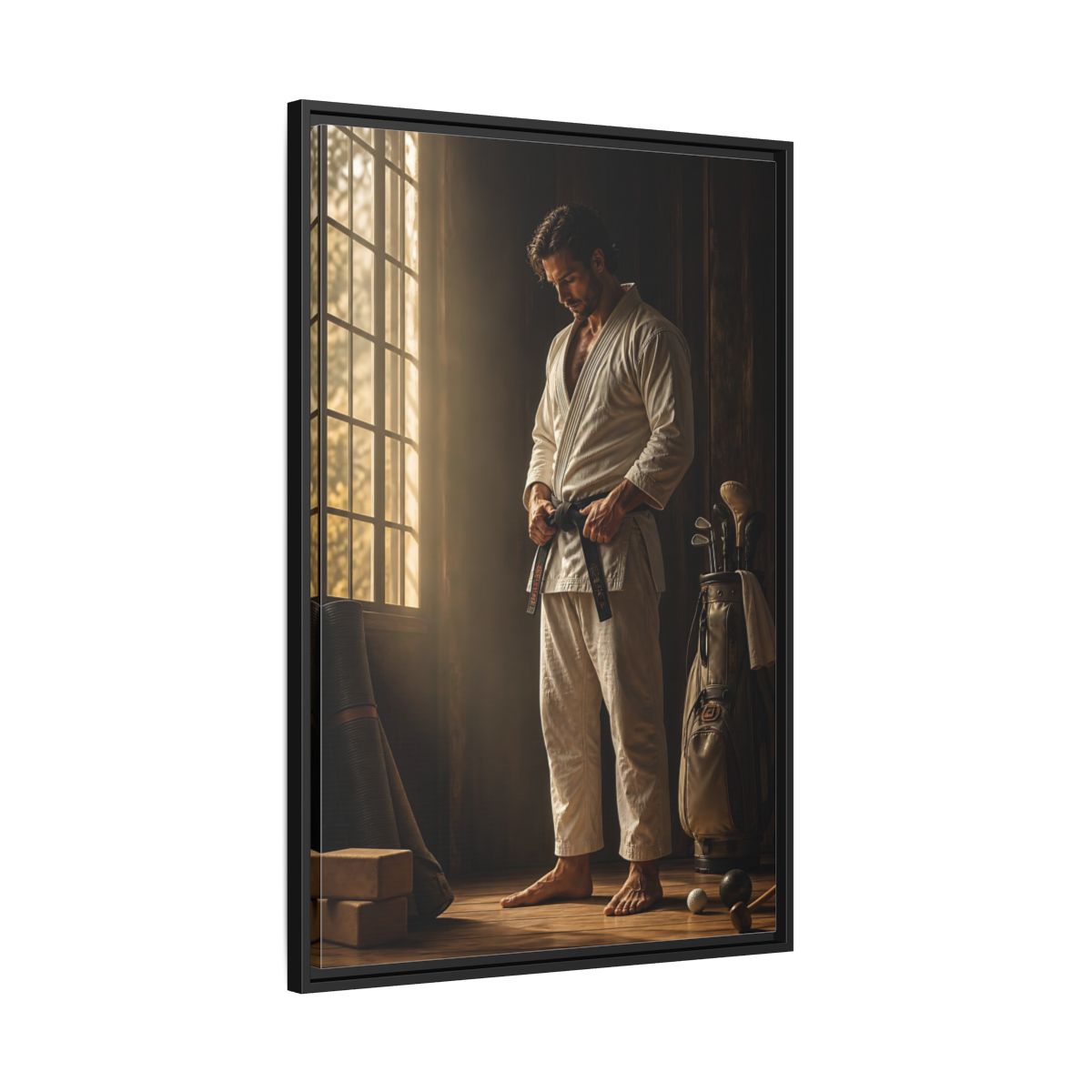 Side Mockup 13. Morning Black Belt Focus shown as framed canvas print