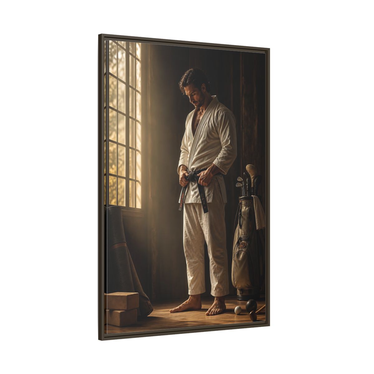 Side Mockup 8. Morning Black Belt Focus shown as framed canvas print