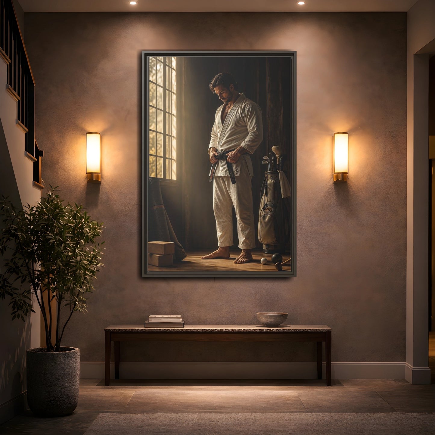 Mockup 2. Morning Black Belt Focus shown as framed canvas print
