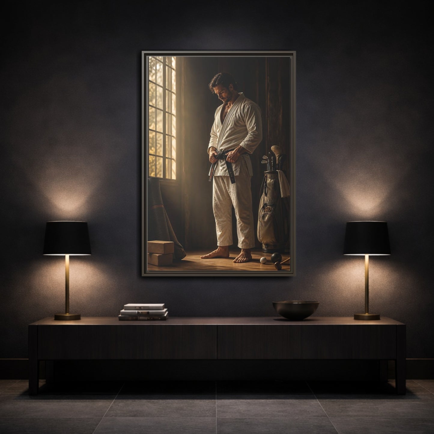 Mockup 3. Morning Black Belt Focus shown as framed canvas print