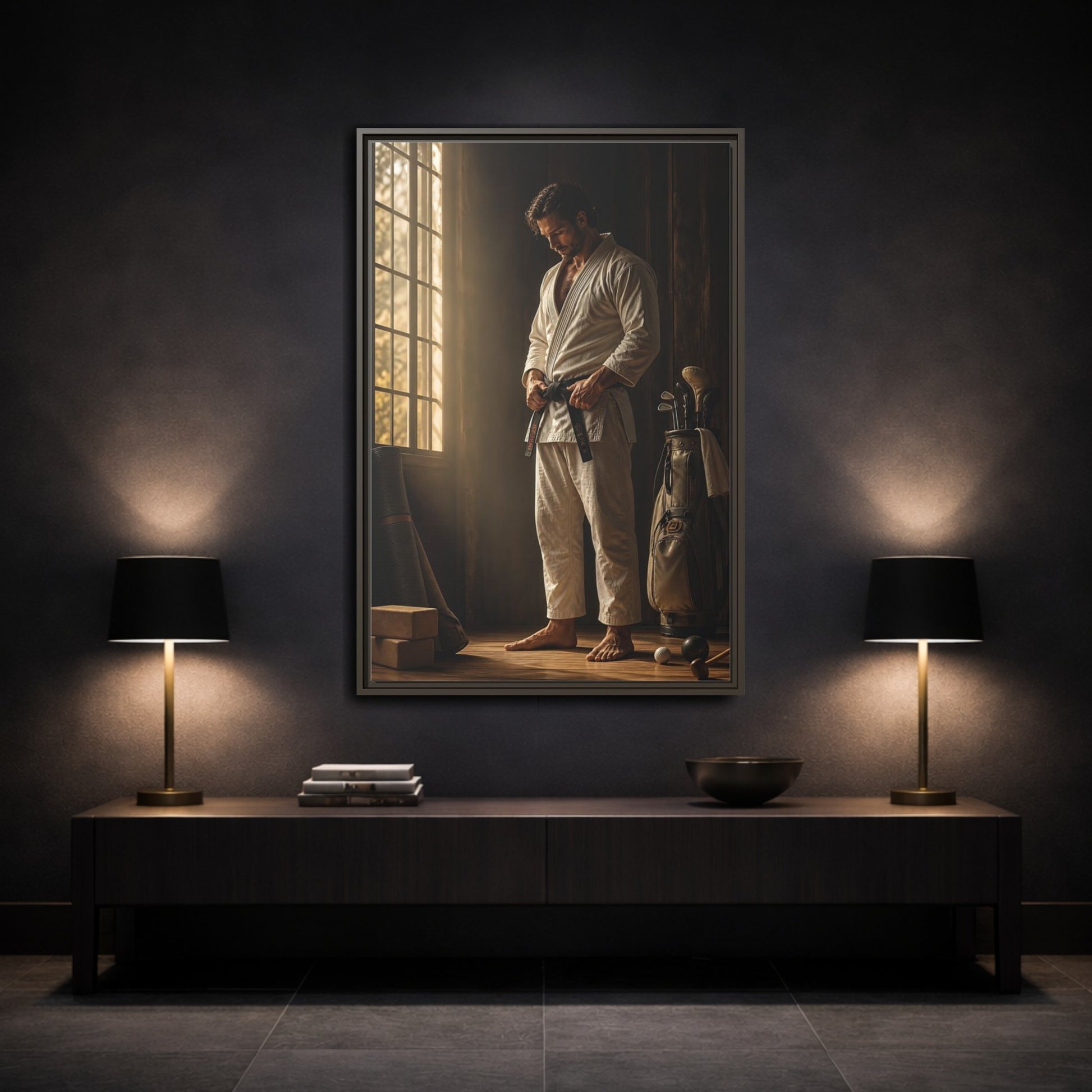 Mockup 3. Morning Black Belt Focus shown as framed canvas print