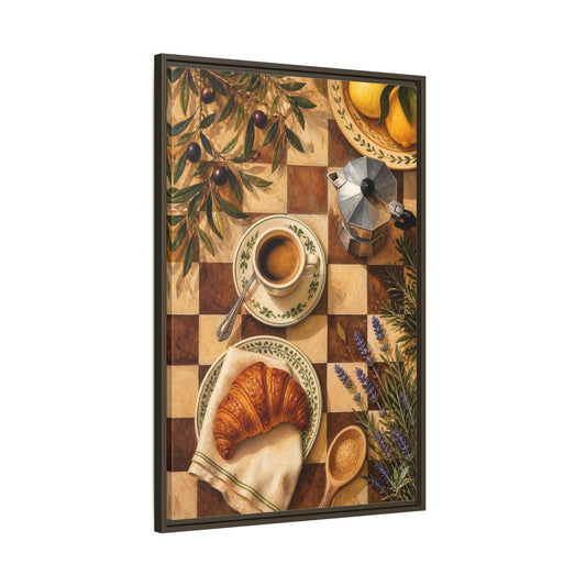 Main Mockup. Morning Coffee & Croissant shown as framed canvas print