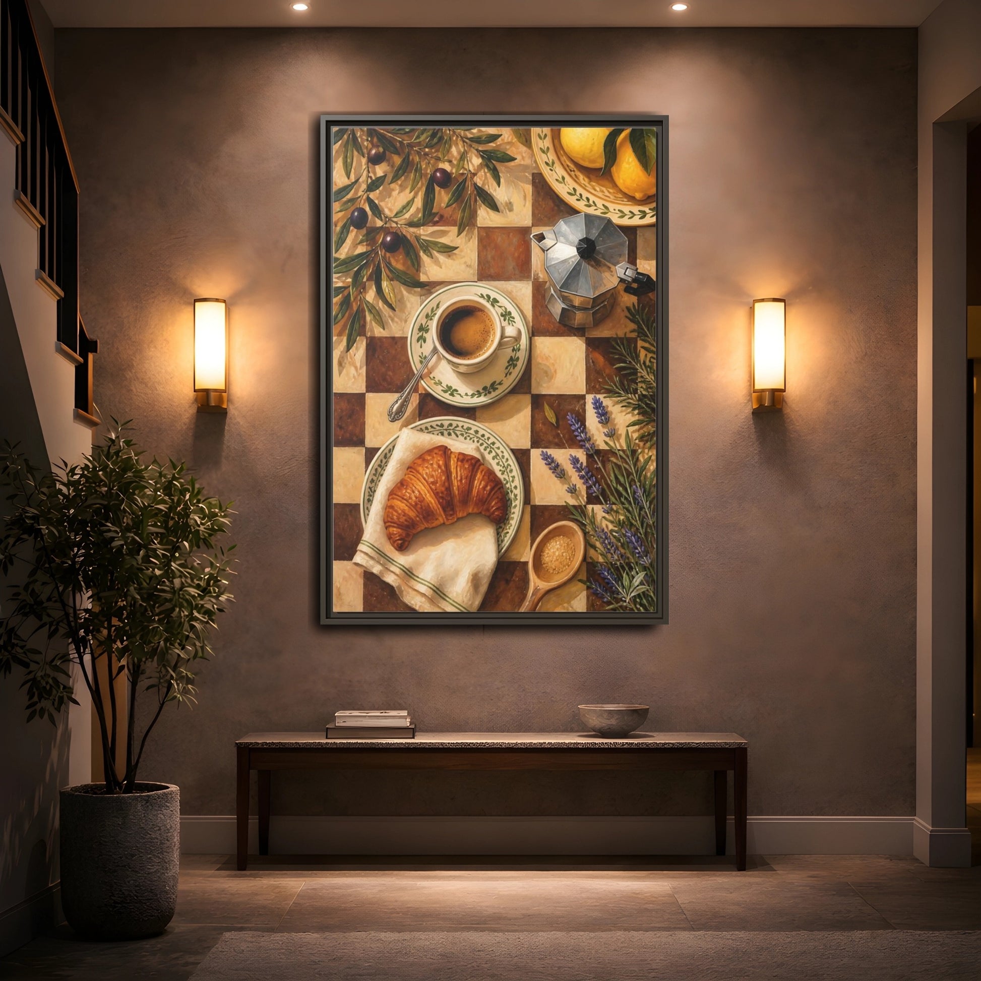 Mockup 2. Morning Coffee & Croissant shown as framed canvas print