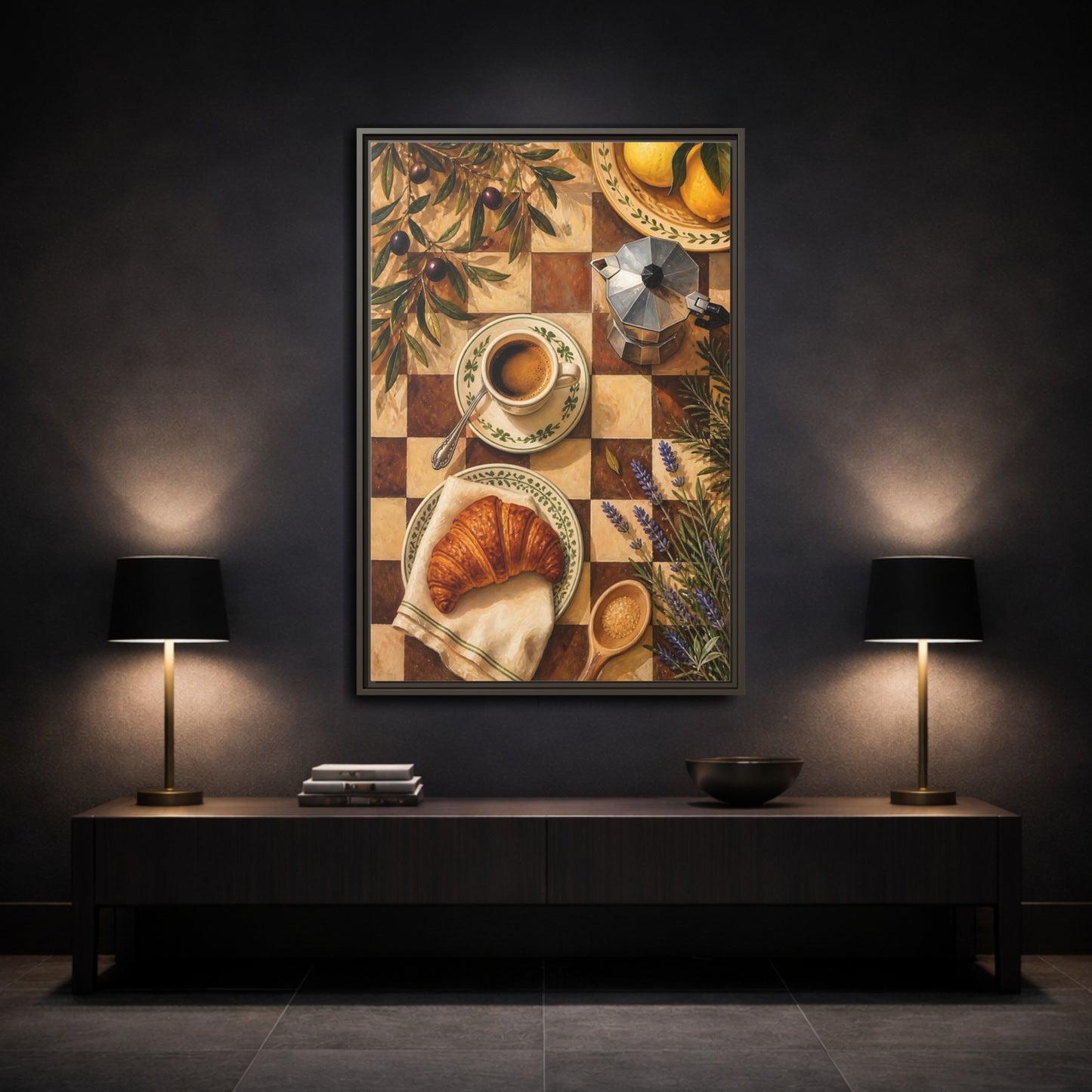 Mockup 3. Morning Coffee & Croissant shown as framed canvas print