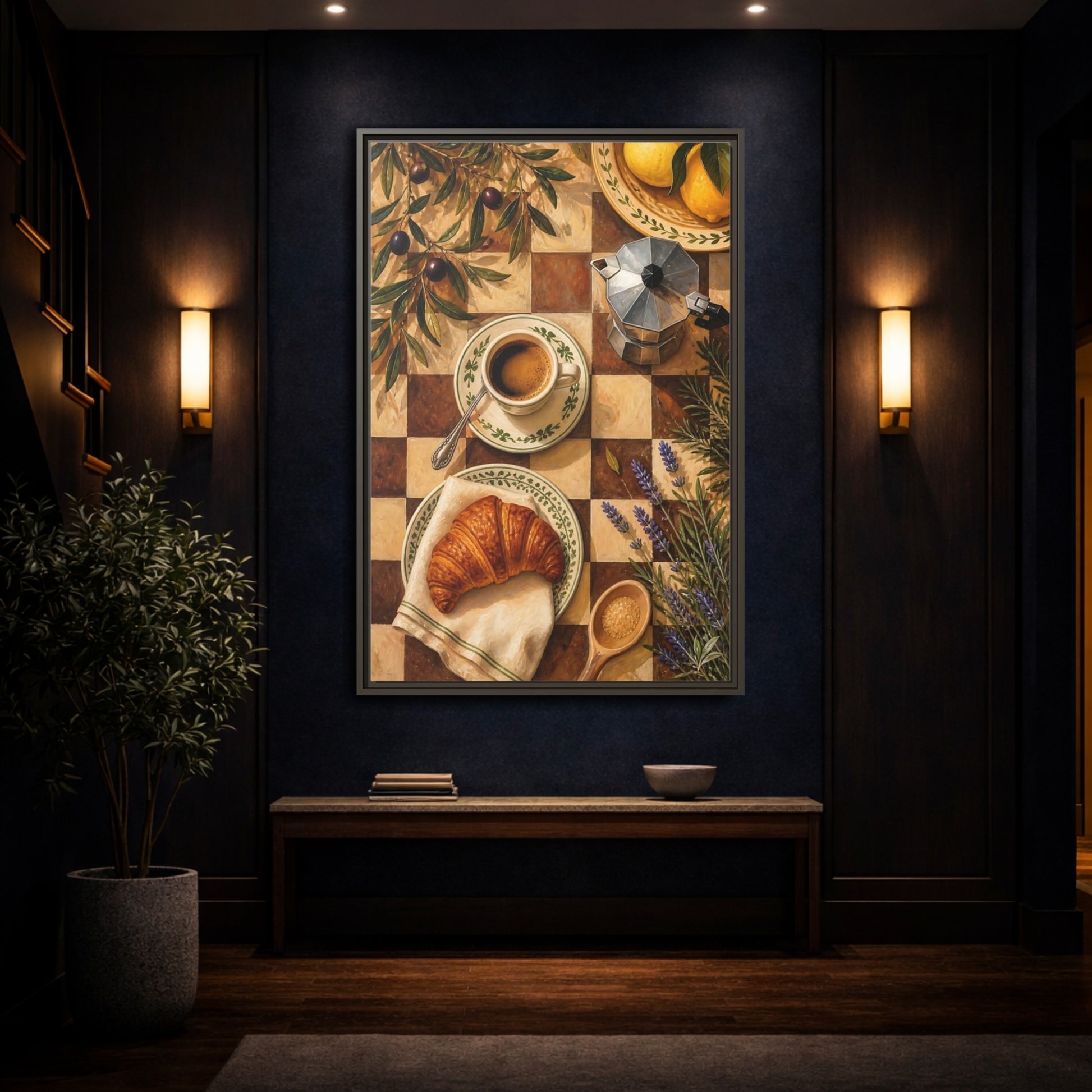 Mockup 4. Morning Coffee & Croissant shown as framed canvas print