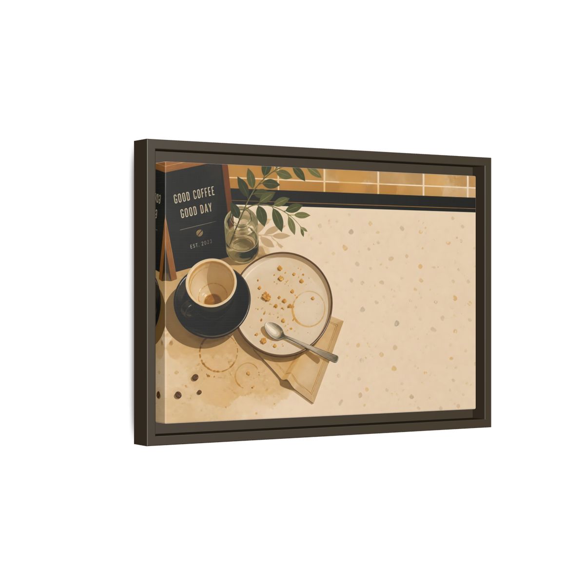 Side Mockup 5. Morning Coffee And Crumbs shown as framed canvas print