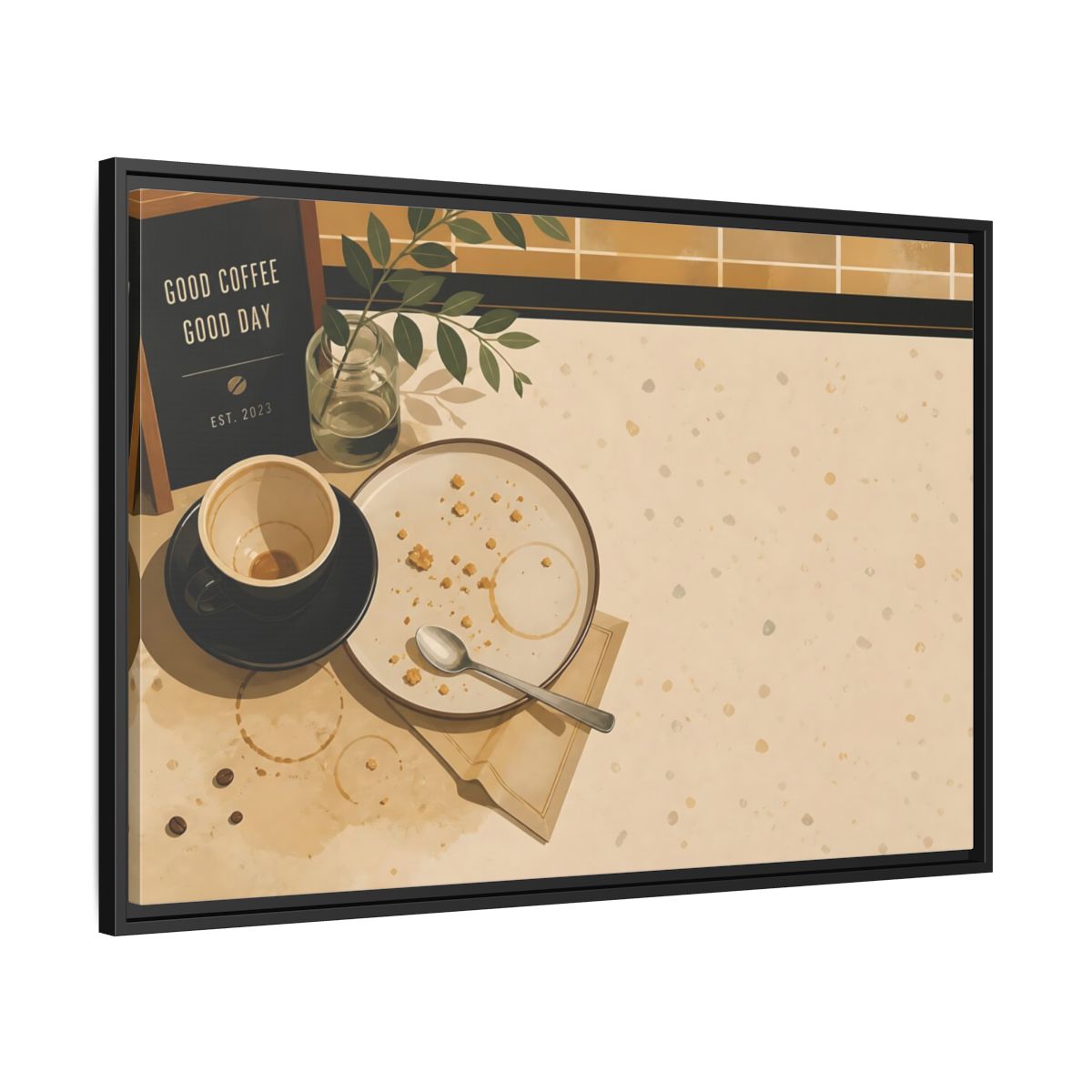 Side Mockup 13. Morning Coffee And Crumbs shown as framed canvas print