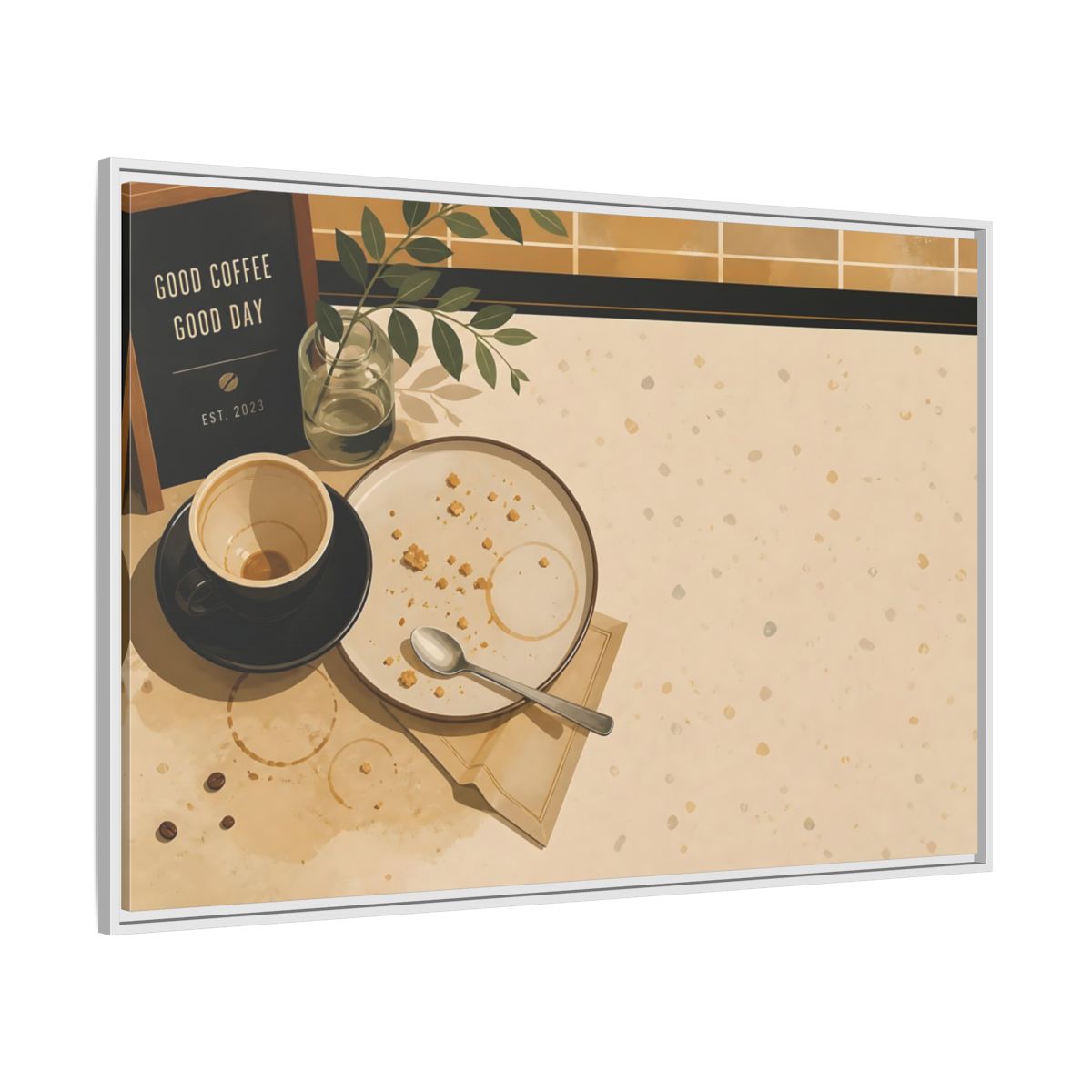 Side Mockup 7. Morning Coffee And Crumbs shown as framed canvas print