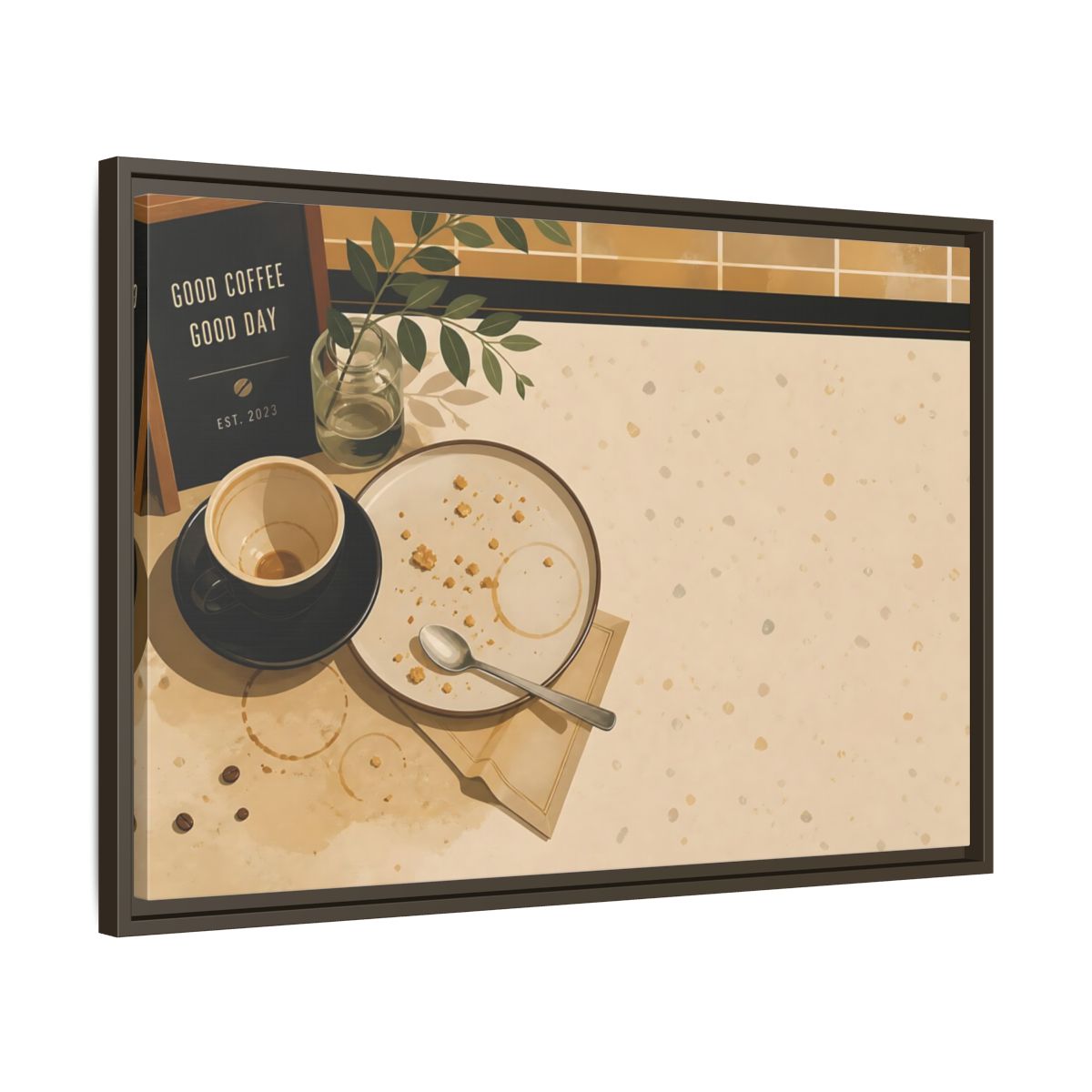 Side Mockup 11. Morning Coffee And Crumbs shown as framed canvas print