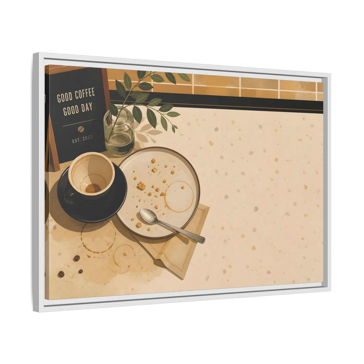 Side Mockup 10. Morning Coffee And Crumbs shown as framed canvas print